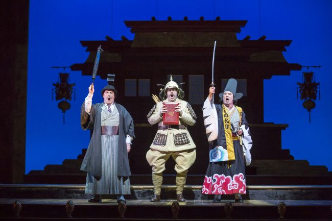 Andrew Shore, Ben McAteer and Richard Suart in The Mikado. Scottish Opera and D’Oyly Carte 2016. Credit James Glossop.
